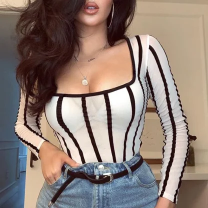 Long Sleeve Striped Mesh Bodysuit - Image 4