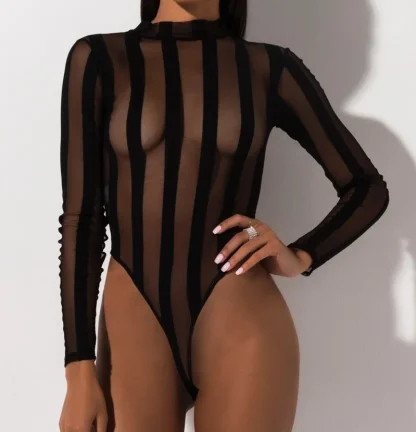Long Sleeve Striped Mesh Bodysuit