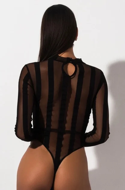 Long Sleeve Striped Mesh Bodysuit - Image 2