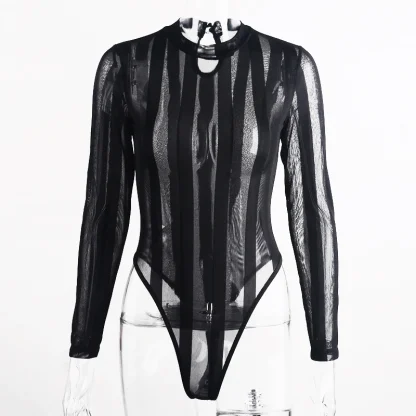 Long Sleeve Striped Mesh Bodysuit - Image 7