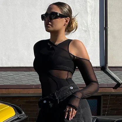 Irregular Cold-shoulder Mesh Bodysuit - Image 4