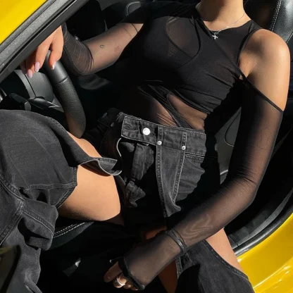 Irregular Cold-shoulder Mesh Bodysuit - Image 6