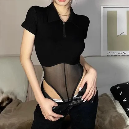 Turn Down Collar Sheer Mesh Bodysuit