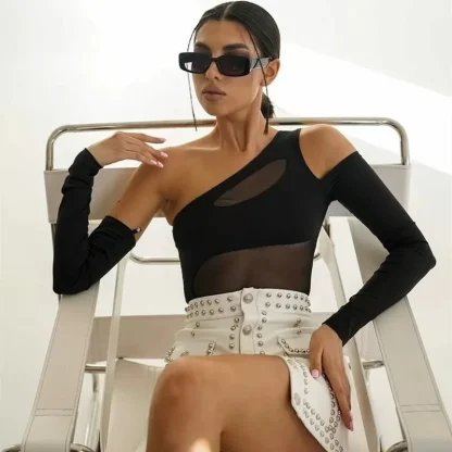 Black Asymmetrical Sheer Bodysuit - Image 4