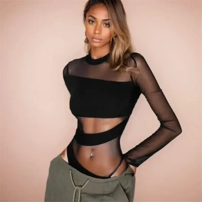Sexy Long Sleeve Mesh Bodysuit - Image 2