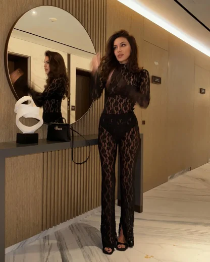 Stretchy Sheer Lace Bodysuit Set - Image 2