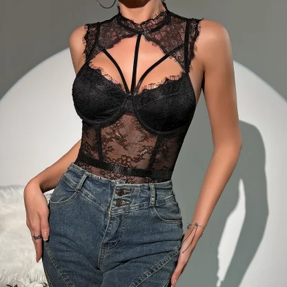Sexy Black Sheer Lace Bodysuit - Image 5