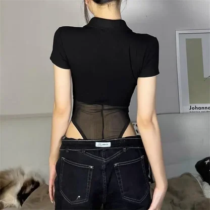 Turn Down Collar Sheer Mesh Bodysuit - Image 3