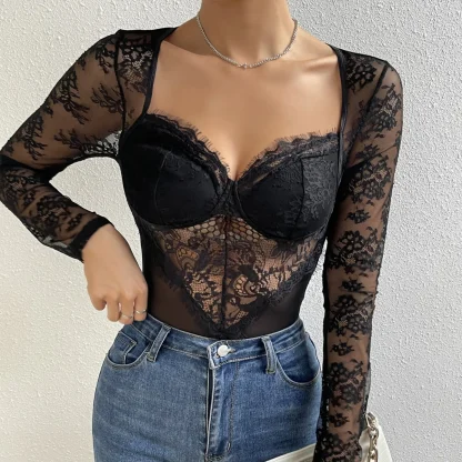 Sexy Lace Long Sleeve Bodysuit - Image 4