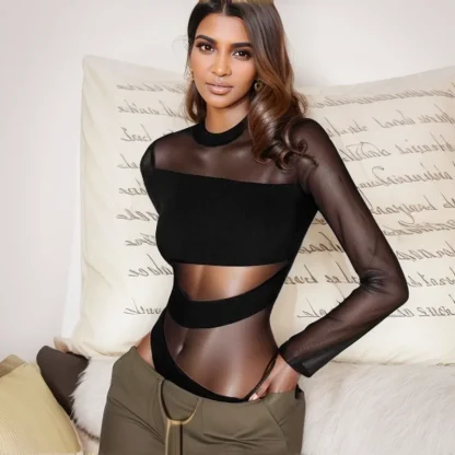 Sexy Long Sleeve Mesh Bodysuit - Image 5