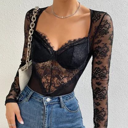 Sexy Lace Long Sleeve Bodysuit - Image 3