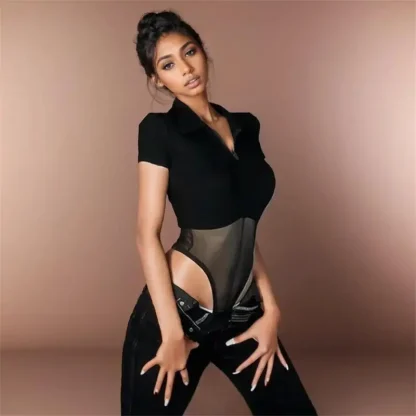 Turn Down Collar Sheer Mesh Bodysuit - Image 6