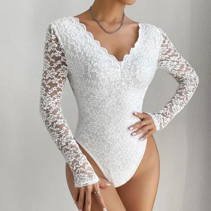 V-neck Long Sleeve Lace Bodysuits - Image 4