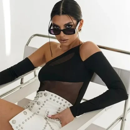 Black Asymmetrical Sheer Bodysuit - Image 5