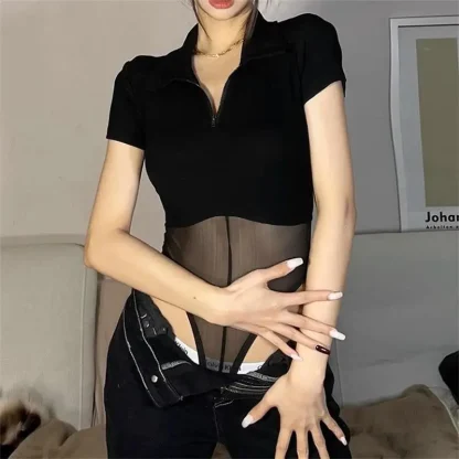 Turn Down Collar Sheer Mesh Bodysuit - Image 4