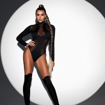 Long Sleeve Mesh Patchwork Bodysuit - Image 6