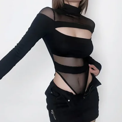 Cutout Mesh Panel Sexy Bodysuit - Image 3
