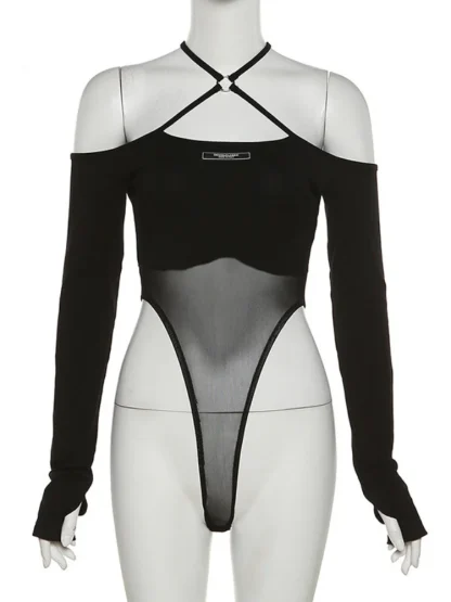 Hanging Neck Mesh High-cut Bodysuit - Image 6