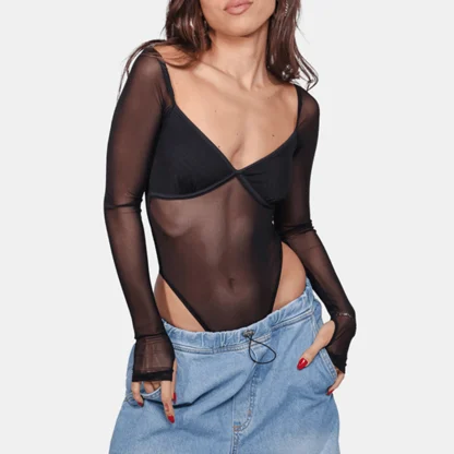 V-neck Sheer Mesh Bodysuit
