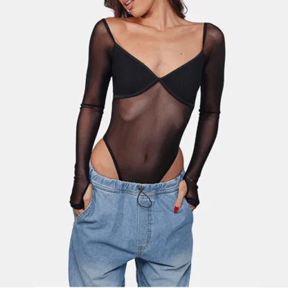 V-neck Sheer Mesh Bodysuit - Image 2