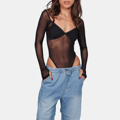 V-neck Sheer Mesh Bodysuit - Image 4